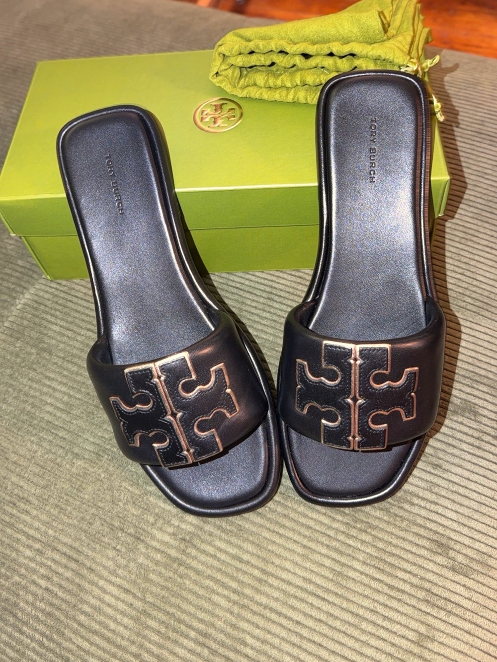 Tory Burch Black Leather Logo Slide Mules with Gold Trim - Picture 1 of 3